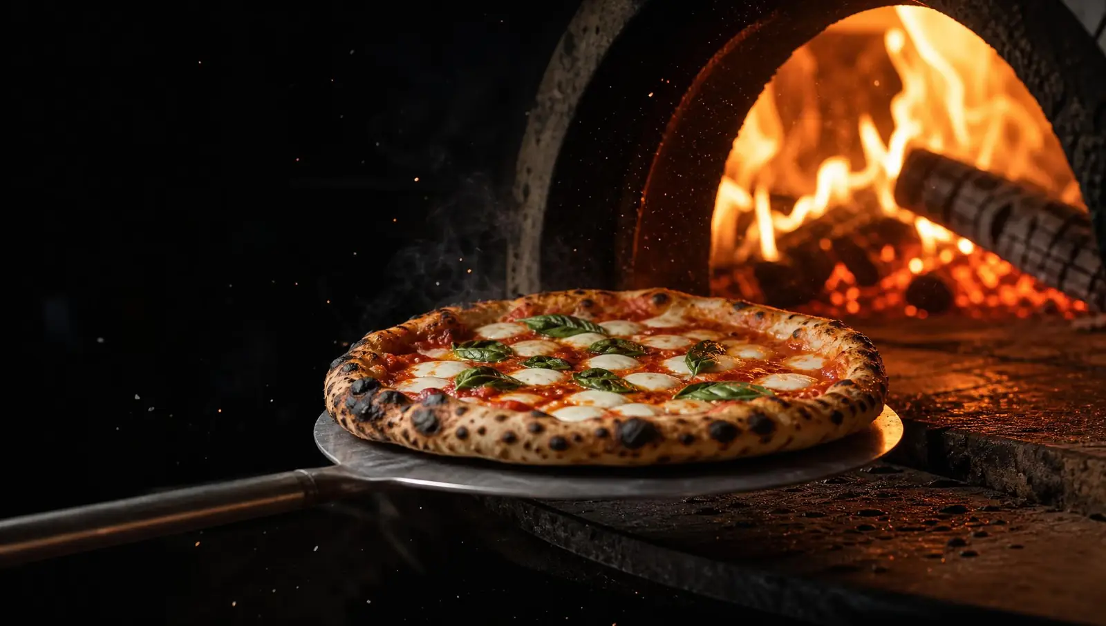 Napolitaanse pizza schuift een houtgestookte oven in