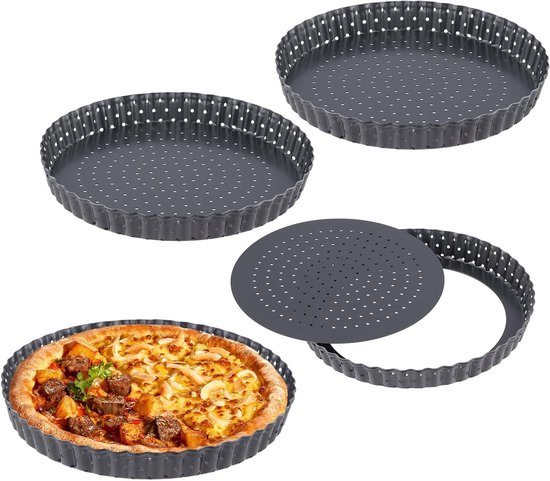 Geperforeerde quicheblikken van 20 cm - Antiaanbakvorm met losse basis voor pizza, quiches en cheesecakes, koolstofstaal, rond en gecanneleerd, set van 4 stuks