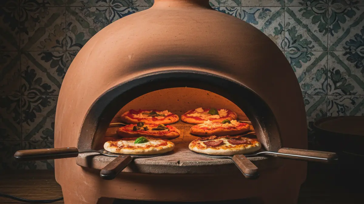 Terracotta tafeloven voor zes personen op een gedekte eettafel
