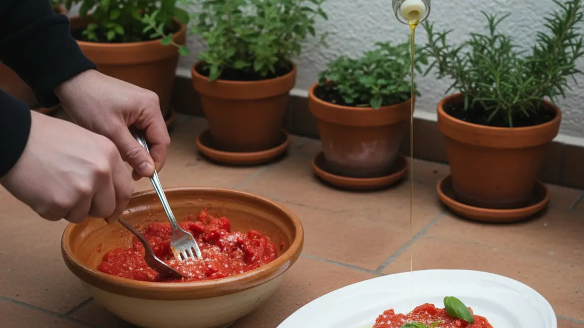 Verse ongekookte pizzasaus van gepelde tomaten in een kom