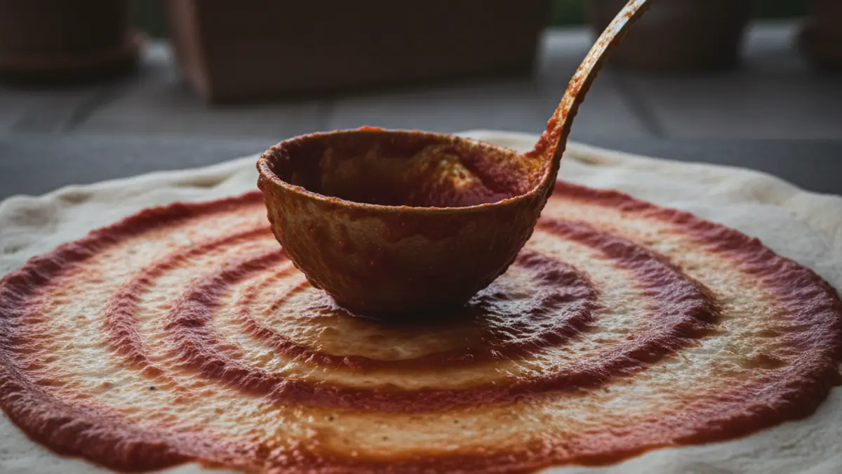 Rode pizzasaus die met een lepel wordt uitgesmeerd op pizzadeeg