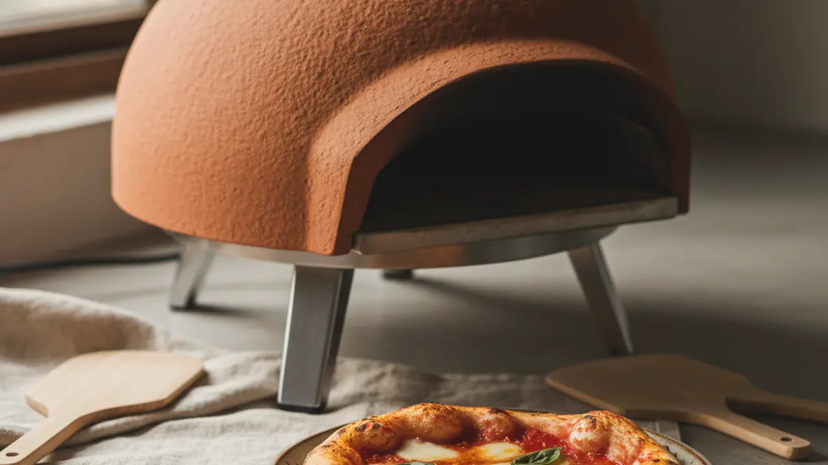 Mini pizzaoven op tafel met terracotta koepel en toppings