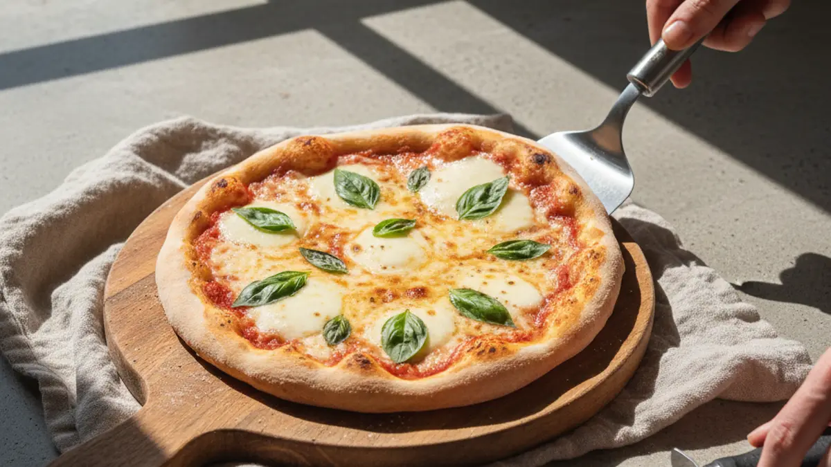 Mini pizza op een roestvrijstalen spatel klaar voor de oven